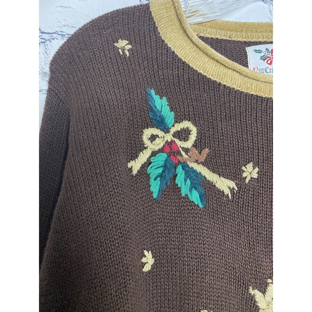 Vtg Nutcracker Brown Embroidered Ugly Christmas Tree Bear Sweater Women's LARGE - Picture 2 of 12